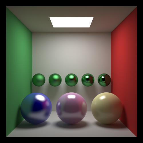 PBR material spheres within a Cornell Box